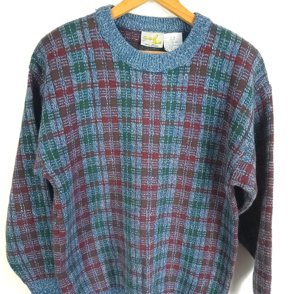 Vtg Backyard Blues Sweater Men's Med Blue Red Long Sleeve Pullover Grandpacore